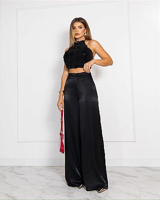 CONJUNTO TOP FLORES  E CALCA PANTALONA  COM BOLSOS PRETO