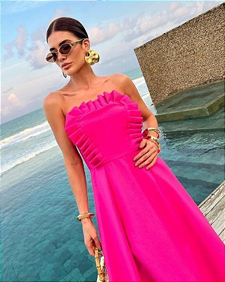 VESTIDO MIDI COM BABADOS TOMARA QUE CAIA