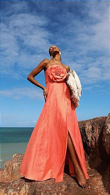 VESTIDO LONGO LINHO BUSTO FRANZIDO  SALMAO