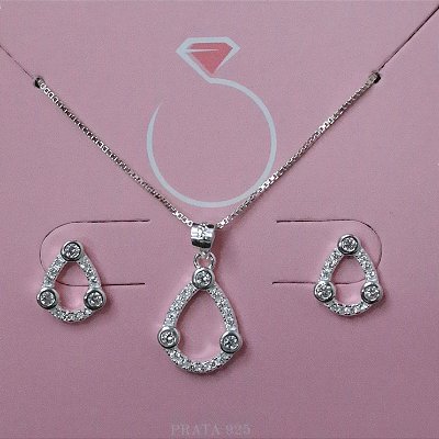 Conjunto Gota Vazada com Zircônias 45cm Prata 925 Love Silver