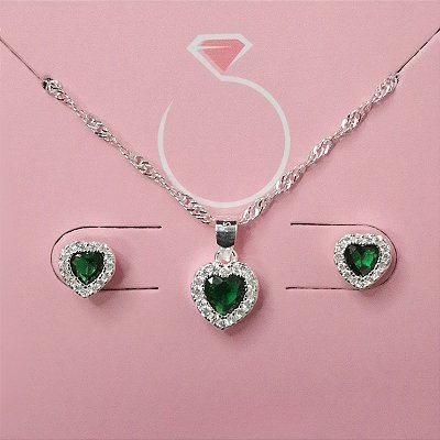Conjunto Coração Zircônia Verde Prata 925 Love Silver