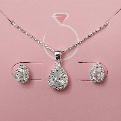 Conjunto Colar e Brincos Gota Zircônia Prata 925 Love Silver