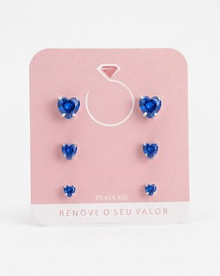 Trio de Brincos Coração com Zircônia Azul em Prata 925 – 3 Tamanhos
