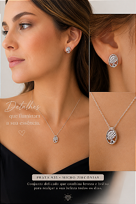 Conjunto Colar e Brincos Oval Cravejado com Micro Zircônias em Prata 925