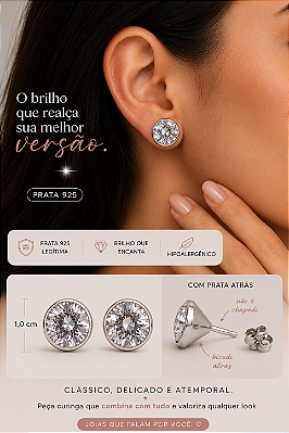 Brinco Ponto de Luz Redondo em Prata 925 com Zircônia Incolor