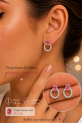 Brinco com Zircônia Rosa Oval e Aro Cravejado em Prata 925