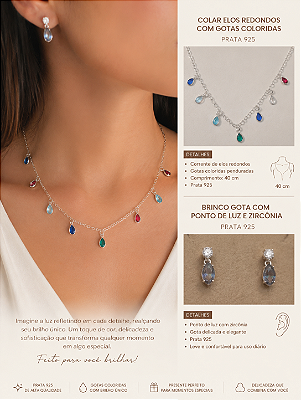 Conjunto Colar com Gotas Coloridas e Brincos Gota em Prata 925