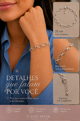 Pulseira de Elos Ovais Lisos e Trabalhados em Prata 925