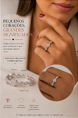 Anel Corações Cravejados com Zircônias em Prata 925