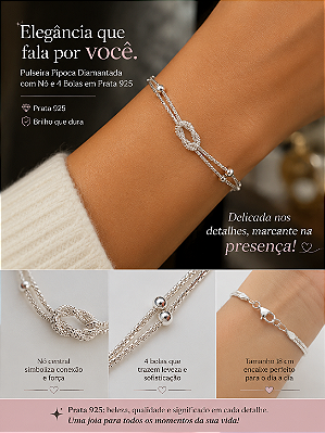 Pulseira Pipoca Diamantada com Nó e 4 Bolas em Prata 925