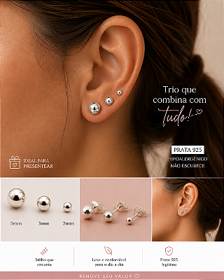 Trio de Brincos Bolinha Lisa em Prata 925