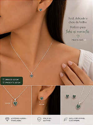 Conjunto Colar e Pulseira com Corações Pendentes em Prata 925