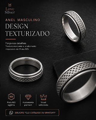 Anel Masculino Texturizado com Detalhes Geométricos em Prata 925