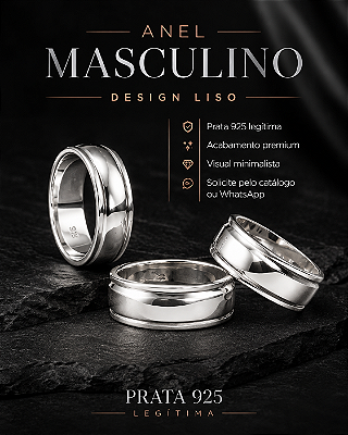 Anel Masculino Largo Liso com Frisos em Prata 925