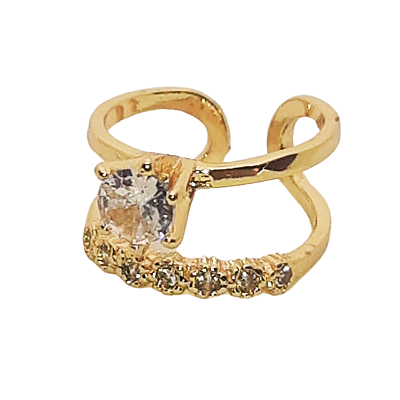 Anel Regulável Solitário e Aparador Zircônias Banho Ouro 18K