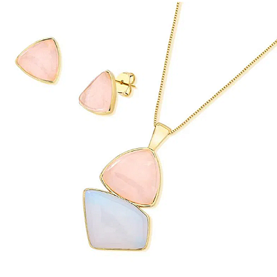 Conjunto Colar e Brincos Banhados a Ouro 18K com Pedras Naturais de Quartzo Rosa e Opalina