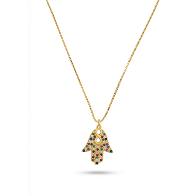 Conjunto Mão de Fátima Corrente Veneziana Pingente Banho a Ouro 18K