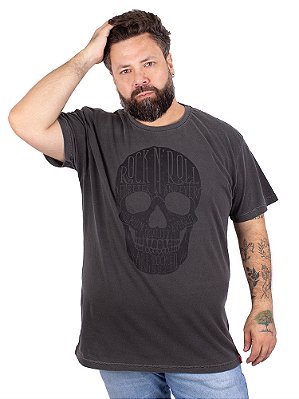 Camiseta Plus Size Estonada Caveira Escrita Preta.