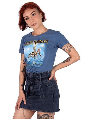 Camiseta Feminina Iron Maiden Seventh Son Azul Oficial