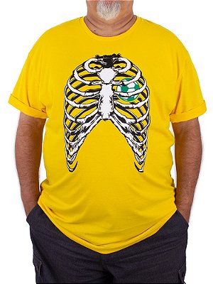Camiseta Plus Size Brasil Esqueleto Amarela.