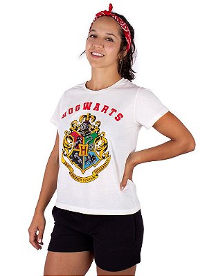 Camiseta Feminina Harry Potter Hogwarts Branca Oficial