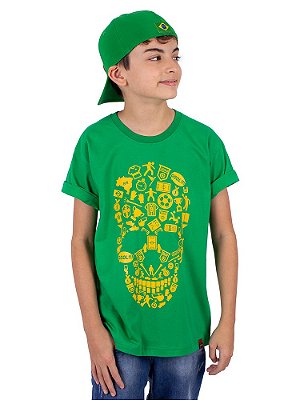 Camiseta Juvenil Brasil Fut Caveira Verde