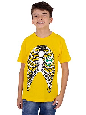Camiseta Juvenil Brasil Esqueleto Amarela