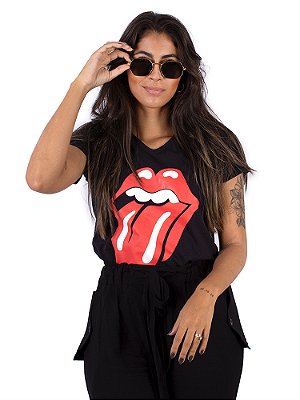 Camiseta Feminina Decote em V Rolling Stones Preta Oficial