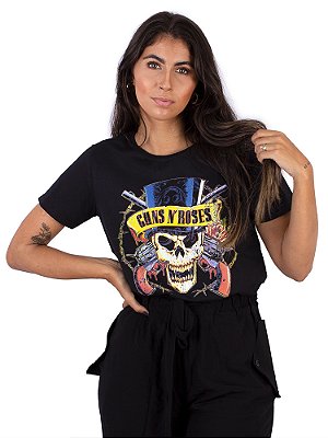 Camiseta Feminina Guns N' Roses Top Hat Destroyed Preta Oficial