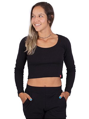 Blusa Cropped Manga Longa Básica Preta