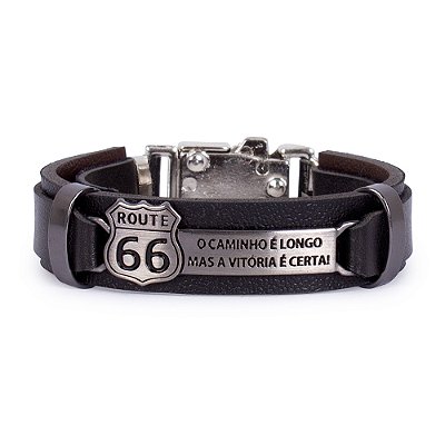 Pulseira Em Couro e Aço Inoxidável Route 66 Preta