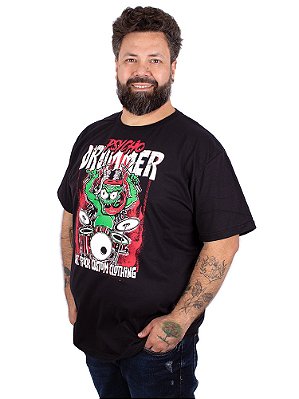 Camiseta Plus Size Bateria Psycho Drummer Preta.