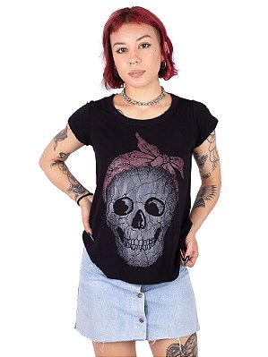 Blusa Gola Redonda Caveira Laço - Preta