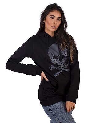 Moletom Feminino Canguru Caveira Contorno Preto