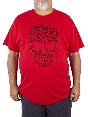 Camiseta Plus Size Caveira Moto Icon Vermelha.