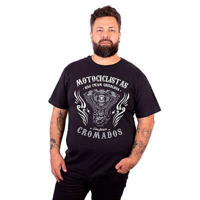 Camiseta Plus Size Motociclista Cromado Preta.