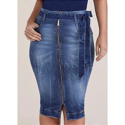 Saia Jeans Lápis Zíper Frontal Com Cinto Titanium - 24876 