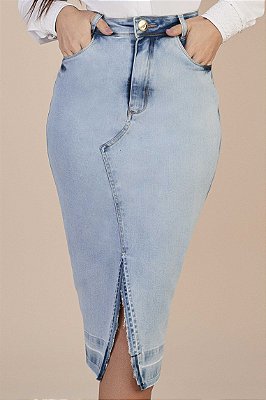 Saia Reta Jeans Sky 75 Cm Com Fenda Frontal Titanium - 25759