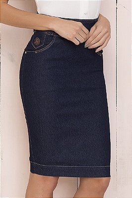 Saia Reta Jeans 62 Cm Com Bordados Nos Bolsos Laura Rosa - 89797