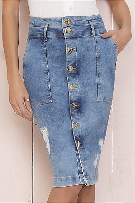 Saia Lápis Jeans 62 Cm Destroyed Com Botões Frontais Laura Rosa - 89806
