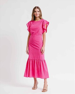 Vestido Maxi Midi Pink Em Laise Com Babado Belart - 0182330