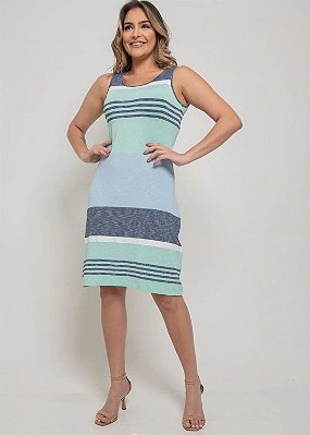 Vestido Regata Em Malha Com Listras Verde Azul E Azul Marinho Plus - 948