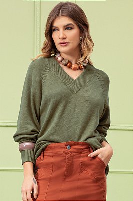 Suéter Verde Em Tricot Com Decote V E Manga Longa - 102999