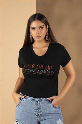 T-shirt Preta Com Estampa Frontal Em Malha Elegance All Curves - 32946