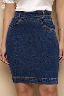 Saia Reta Jeans 55 Cm Com Detalhes Em Pespontos Laura Rosa - 810126