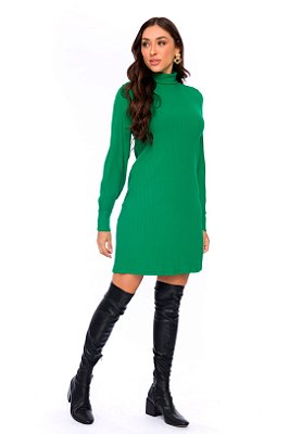 Vestido Verde Em Ribana Canelada Com Gola Alta E Manga Longa - 103470
