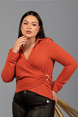 Blusa Terracota Transpassada Com Amarração Frontal Elegance All Curves - 033565