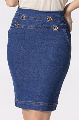 Saia Reta Jeans 55 Cm Com Detalhes De Botões Frontais Laura Rosa - 810207