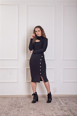 Vestido Midi Preto Gola Alta Com Detalhe De Botões Frontais Puro Sharmy - 15949