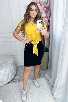 Vestido Amarelo E Preto Com Detalhe Frontal De Amarração - 4647